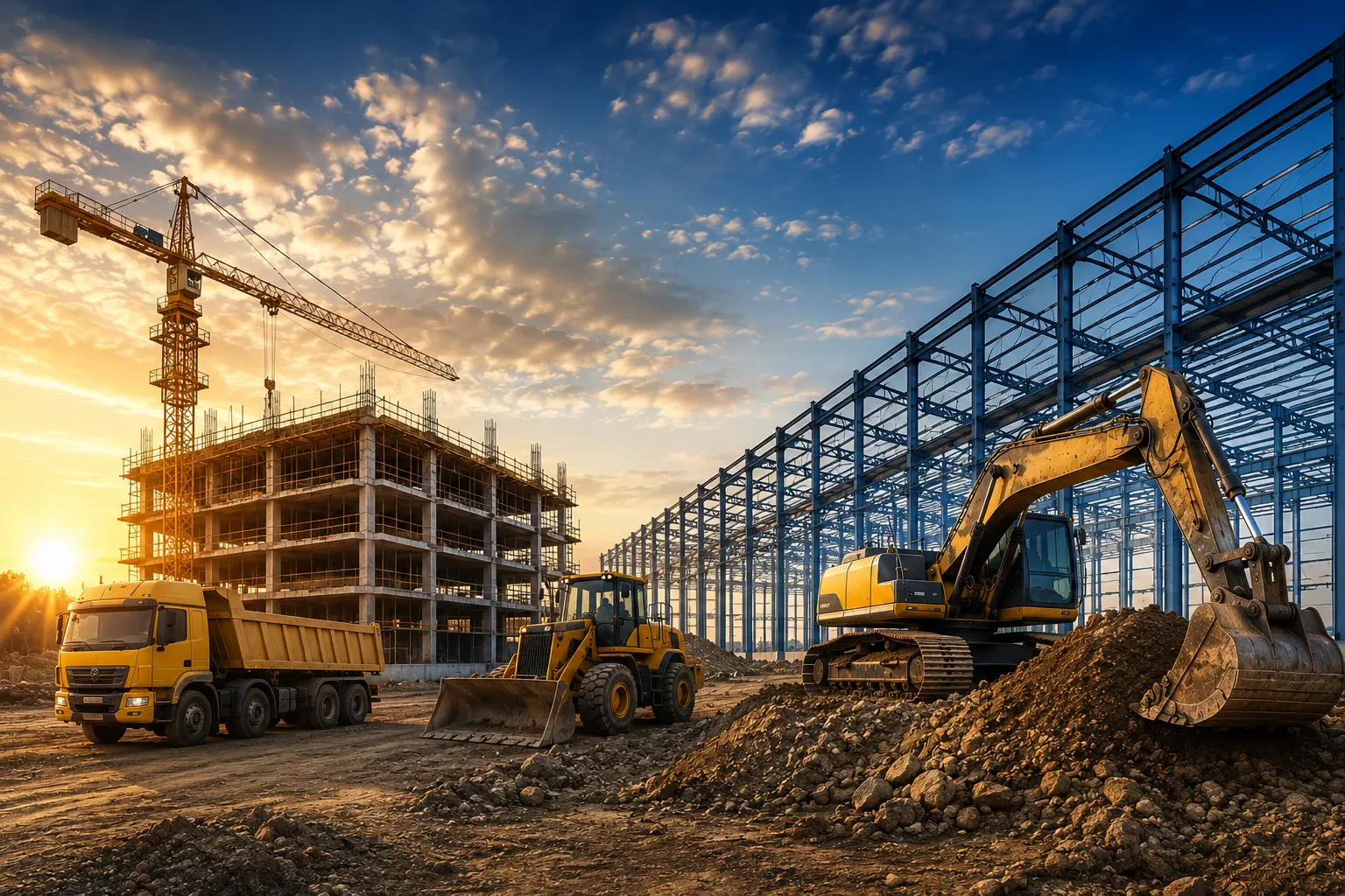 Construction site with cranes and heavy machinery at sunset